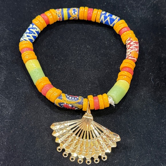 Jewelry - Multicolor African Trade Bead Stretch Bracelet with Gold Tone Fan Charm
